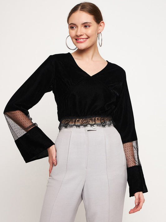 Black Coloured with solid velvet V neck full sleeves lace detailing Women Party/Daily wear Western Crop Top!!