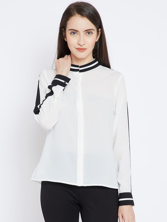 White Coloured with solid mandarin collar long sleeves front button closure Women Party/Daily wear Western Shirt Style Top!!