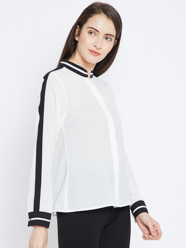 White Coloured with solid mandarin collar long sleeves front button closure Women Party/Daily wear Western Shirt Style Top!!