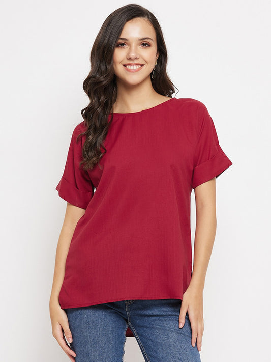 Maroon Coloured with printed V neck three quarter sleeves Women Party/Daily wear Western High Low Top!!