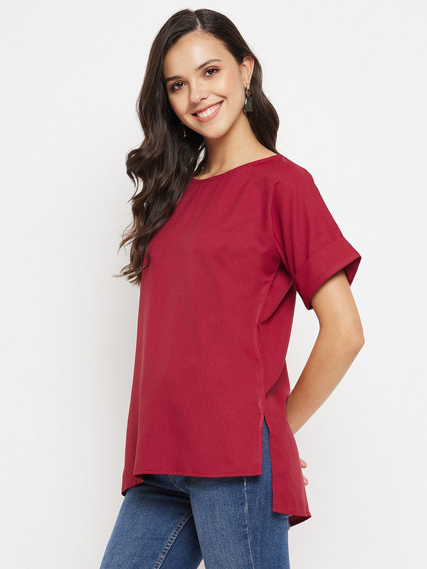 Maroon Coloured with printed V neck three quarter sleeves Women Party/Daily wear Western High Low Top!!