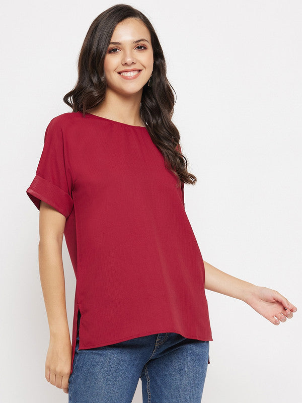 Maroon Coloured with printed V neck three quarter sleeves Women Party/Daily wear Western High Low Top!!