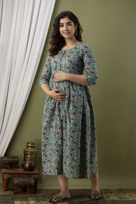 Teal Coloured Designer Feeding Cotton Kurti!!