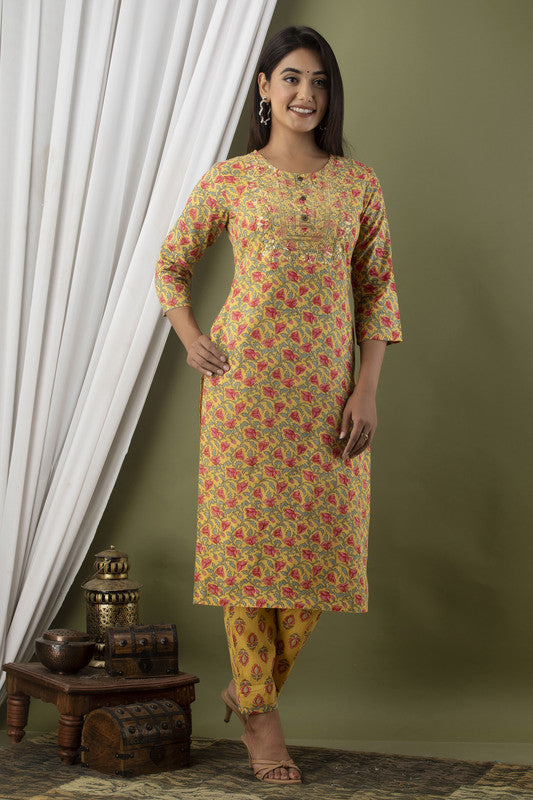 Mustard Coloured Designer Cotton Kurti with Pant!!