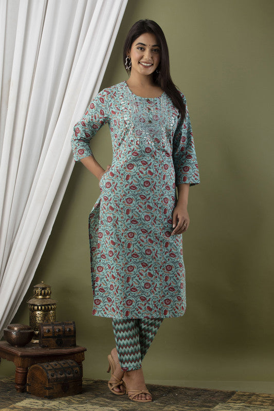 Teal Coloured Designer Cotton Kurti with Pant!!