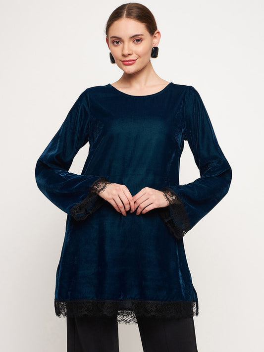 Teal Coloured with solid round neck full sleeves side pockets Women Party/Daily wear Western Velvet Tunic Top!!