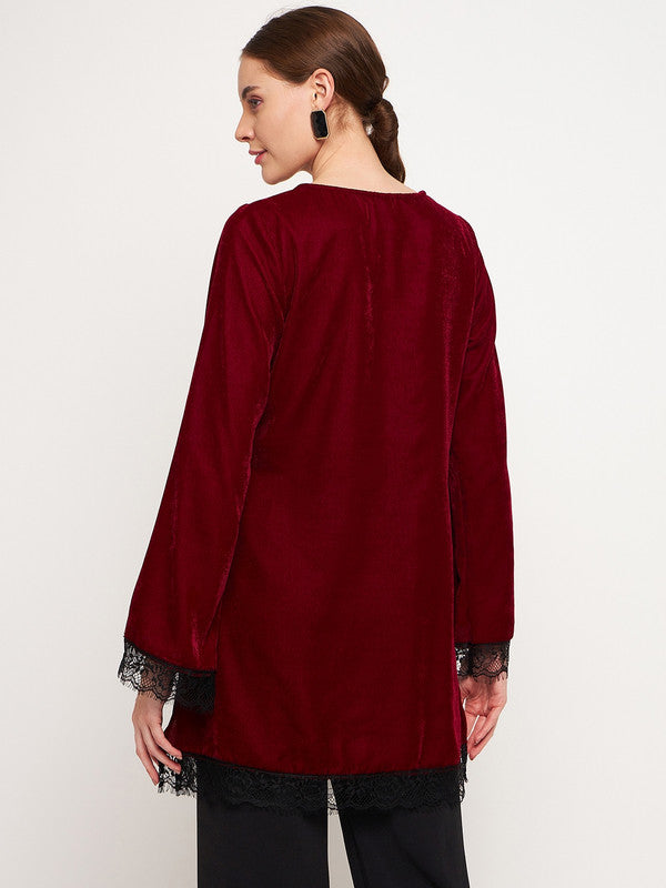 Maroon Coloured with solid round neck full sleeves side pockets Women Party/Daily wear Western Velvet Tunic Top!!