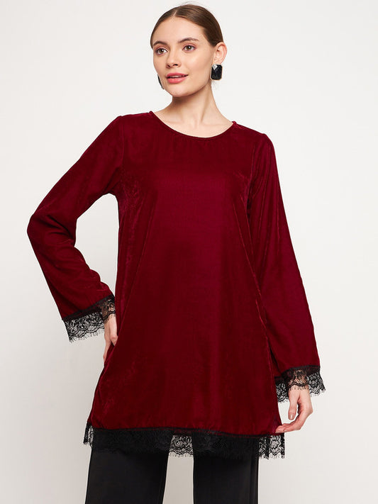 Maroon Coloured with solid round neck full sleeves side pockets Women Party/Daily wear Western Velvet Tunic Top!!
