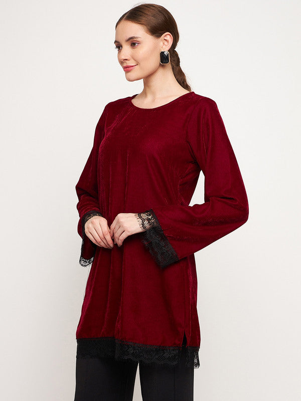 Maroon Coloured with solid round neck full sleeves side pockets Women Party/Daily wear Western Velvet Tunic Top!!