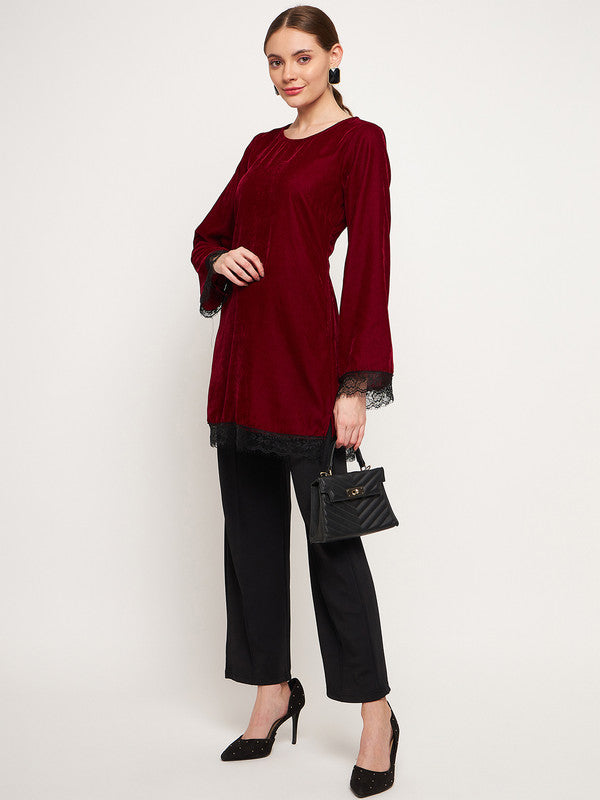 Maroon Coloured with solid round neck full sleeves side pockets Women Party/Daily wear Western Velvet Tunic Top!!