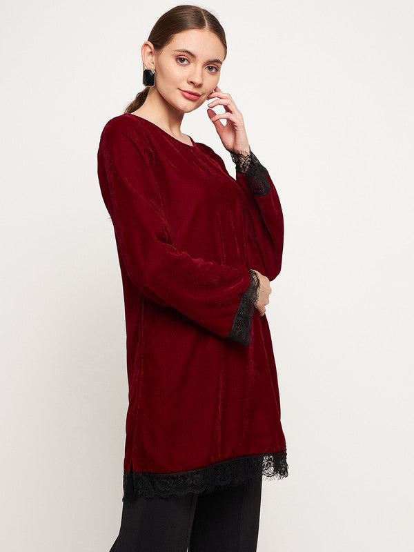 Maroon Coloured with solid round neck full sleeves side pockets Women Party/Daily wear Western Velvet Tunic Top!!