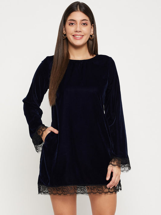 Blue Coloured with solid round neck full sleeves side pockets Women Party/Daily wear Western Velvet Tunic Top!!