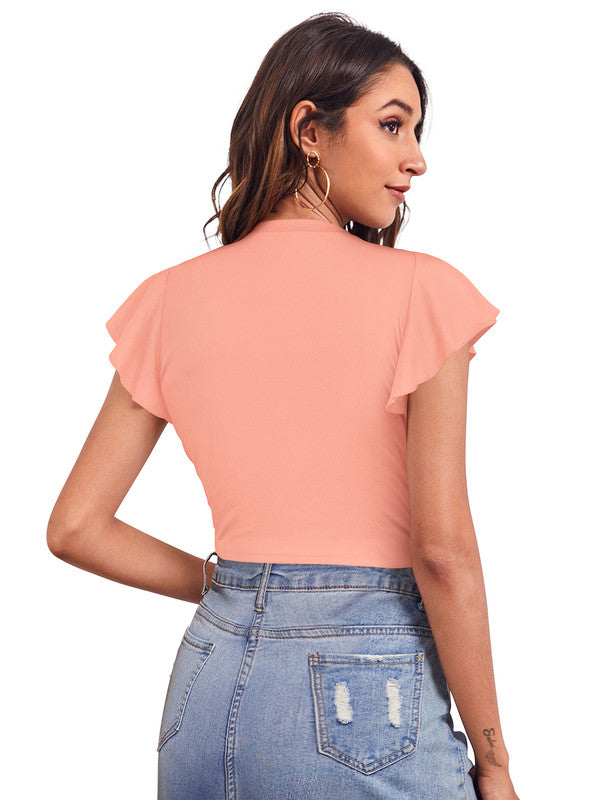 Peach Coloured Designer Trendy Round Neck Crop Top!!