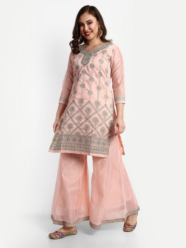 Peach Coloured Modal Chanderi with Beautiful Aari Embroidery Stone Work Women Party wear Designer Suit with Palazzo & Dupatta!!