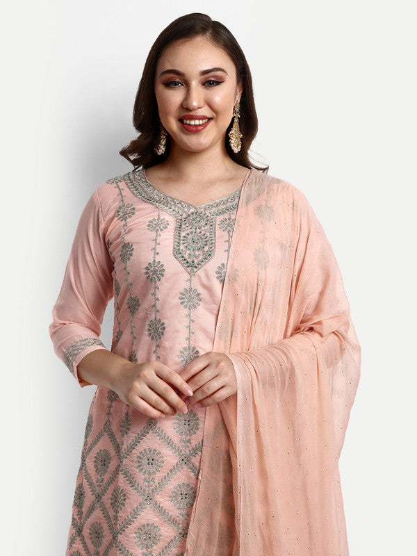 Peach Coloured Modal Chanderi with Beautiful Aari Embroidery Stone Work Women Party wear Designer Suit with Palazzo & Dupatta!!