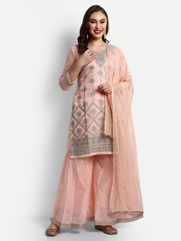 Peach Coloured Modal Chanderi with Beautiful Aari Embroidery Stone Work Women Party wear Designer Suit with Palazzo & Dupatta!!