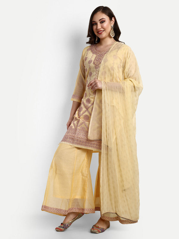 Yellow Coloured Modal Chanderi with Beautiful Aari Embroidery Stone Work Women Party wear Designer Suit with Palazzo & Dupatta!!