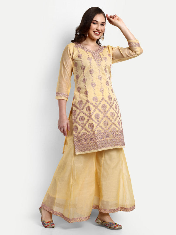 Yellow Coloured Modal Chanderi with Beautiful Aari Embroidery Stone Work Women Party wear Designer Suit with Palazzo & Dupatta!!