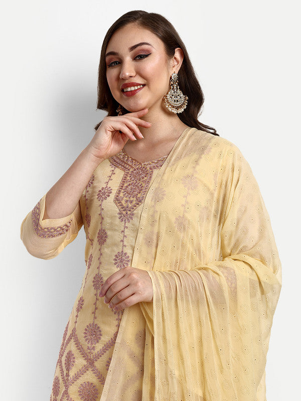 Yellow Coloured Modal Chanderi with Beautiful Aari Embroidery Stone Work Women Party wear Designer Suit with Palazzo & Dupatta!!