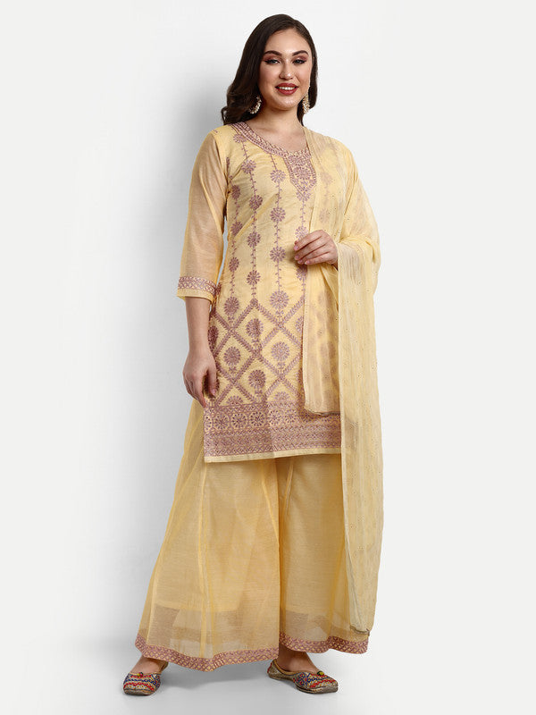 Yellow Coloured Modal Chanderi with Beautiful Aari Embroidery Stone Work Women Party wear Designer Suit with Palazzo & Dupatta!!