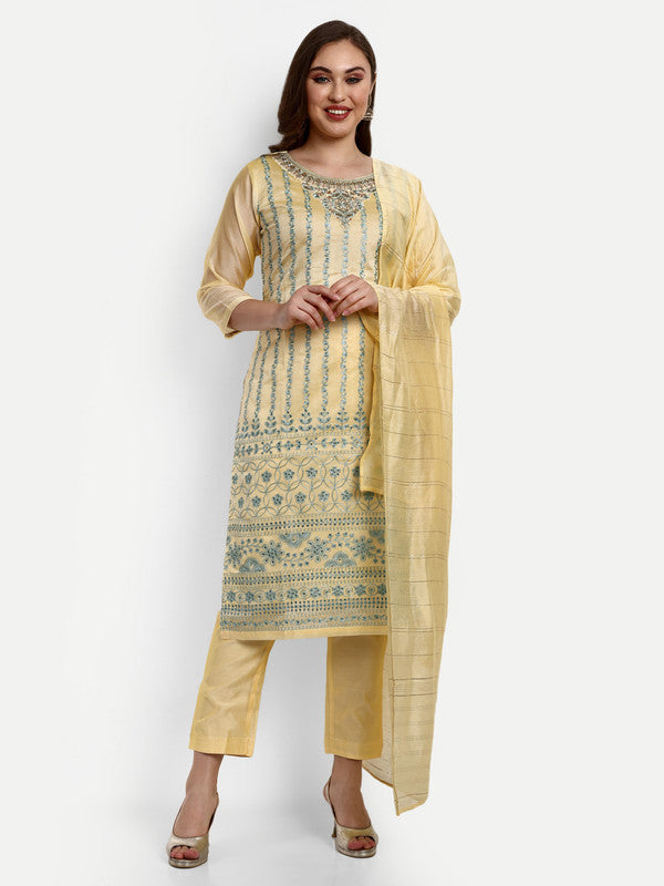 Yellow Coloured Modal Chanderi with Beautiful Aari Embroidery Stone Work Women Party wear Designer Suit with Pant & Dupatta!!