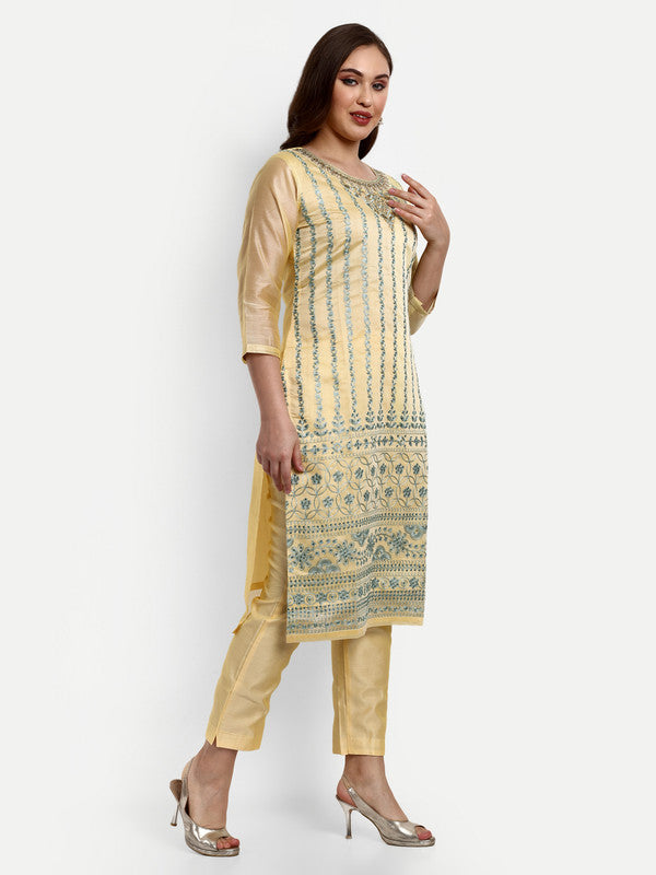 Yellow Coloured Modal Chanderi with Beautiful Aari Embroidery Stone Work Women Party wear Designer Suit with Pant & Dupatta!!