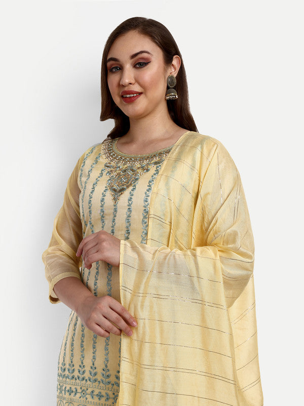 Yellow Coloured Modal Chanderi with Beautiful Aari Embroidery Stone Work Women Party wear Designer Suit with Pant & Dupatta!!