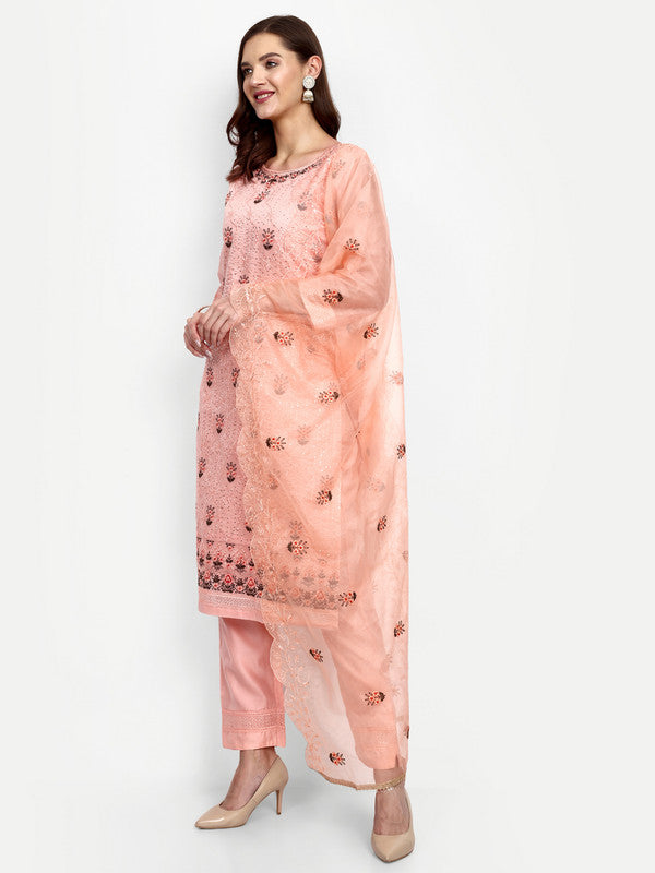 Peach Coloured Heavy Modal Chanderi with Classic Embroidery With Attractive Hand Work Women Party wear Designer Suit with Pant & Organza Dupatta!!