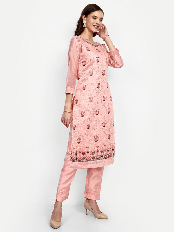 Peach Coloured Heavy Modal Chanderi with Classic Embroidery With Attractive Hand Work Women Party wear Designer Suit with Pant & Organza Dupatta!!