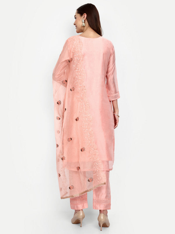 Peach Coloured Heavy Modal Chanderi with Classic Embroidery With Attractive Hand Work Women Party wear Designer Suit with Pant & Organza Dupatta!!