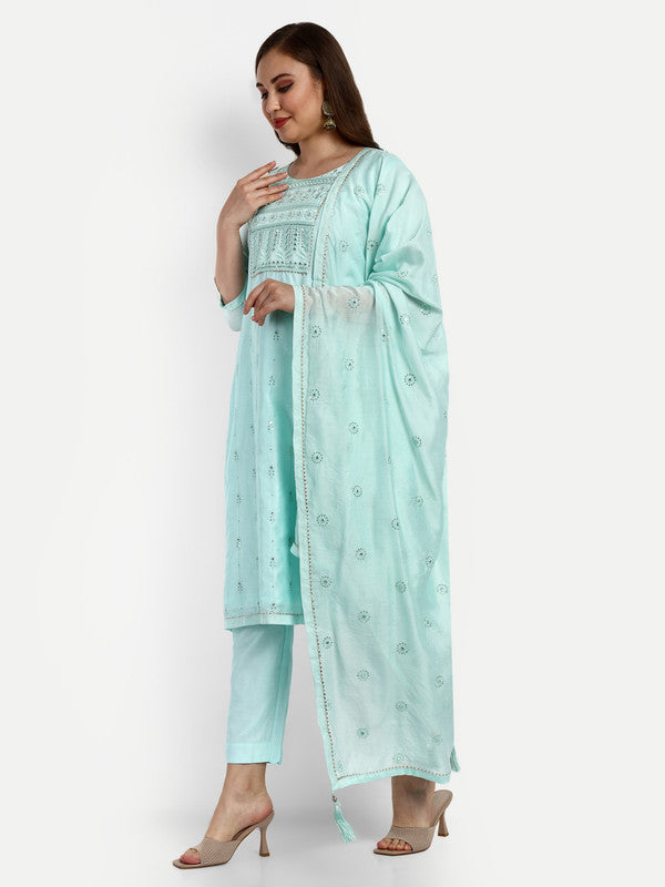 Sky Blue Coloured Chanderi Silk with Heavy Sequence Embroidered Work Women Party wear Designer Suit with Pant & Dupatta!!