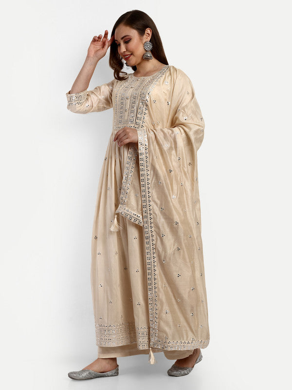 Beige Coloured Chanderi Silk with Heavy Sequence Embroidered Work Women Party wear Designer Suit with Palazzo & Dupatta!!