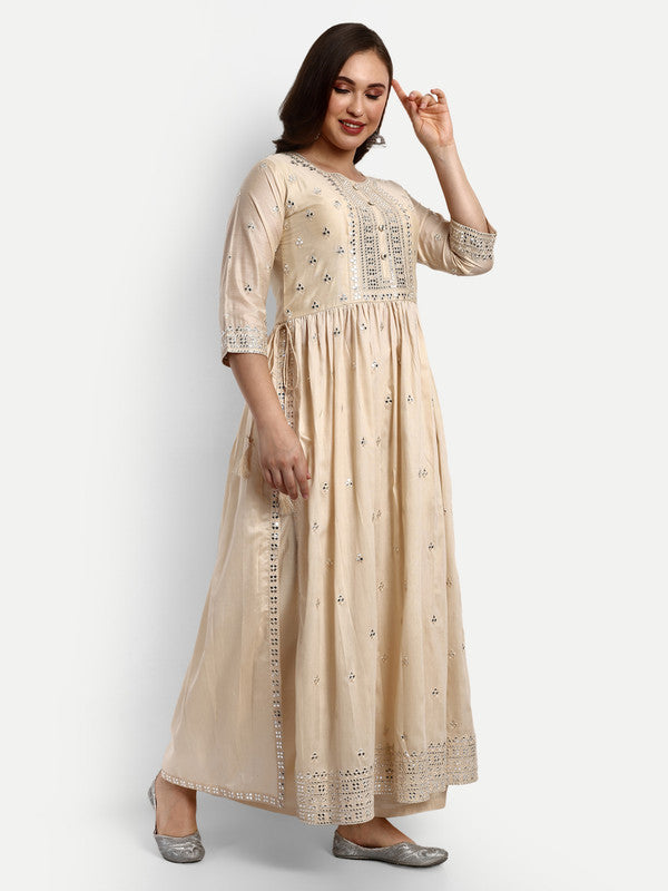 Beige Coloured Chanderi Silk with Heavy Sequence Embroidered Work Women Party wear Designer Suit with Palazzo & Dupatta!!