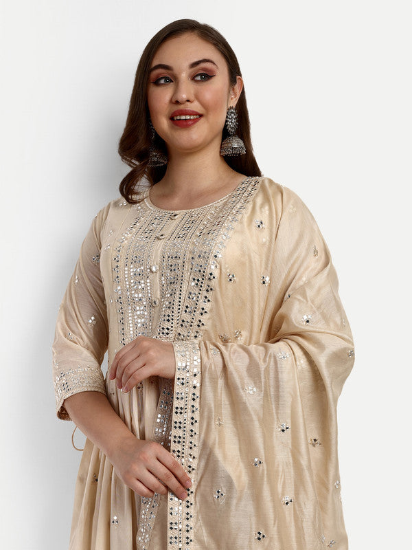 Beige Coloured Chanderi Silk with Heavy Sequence Embroidered Work Women Party wear Designer Suit with Palazzo & Dupatta!!