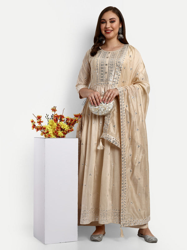 Beige Coloured Chanderi Silk with Heavy Sequence Embroidered Work Women Party wear Designer Suit with Palazzo & Dupatta!!