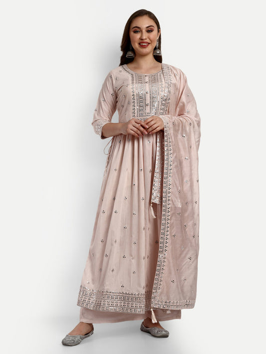 Cream Coloured Chanderi Silk with Heavy Sequence Embroidered Work Women Party wear Designer Suit with Palazzo & Dupatta!!