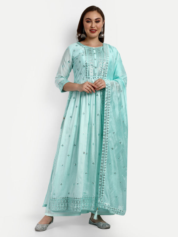 Sky Blue Coloured Chanderi Silk with Heavy Sequence Embroidered Work Women Party wear Designer Suit with Palazzo & Dupatta!!