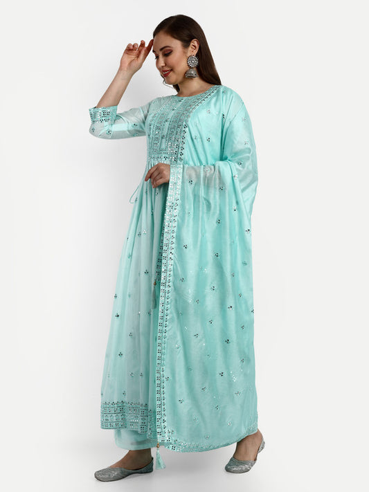 Sky Blue Coloured Chanderi Silk with Heavy Sequence Embroidered Work Women Party wear Designer Suit with Palazzo & Dupatta!!