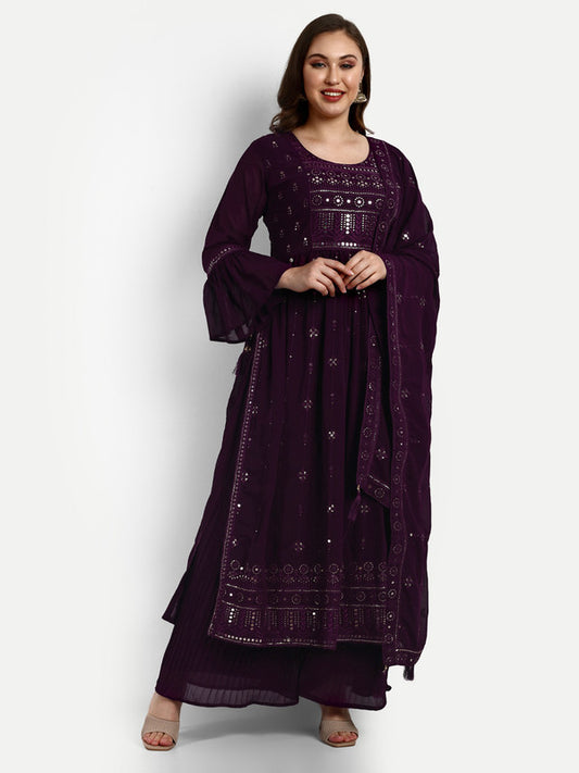 Wine Coloured Georgette with Heavy Sequence Embroidered Work Women Party wear Designer Suit with Palazzo & Dupatta!!