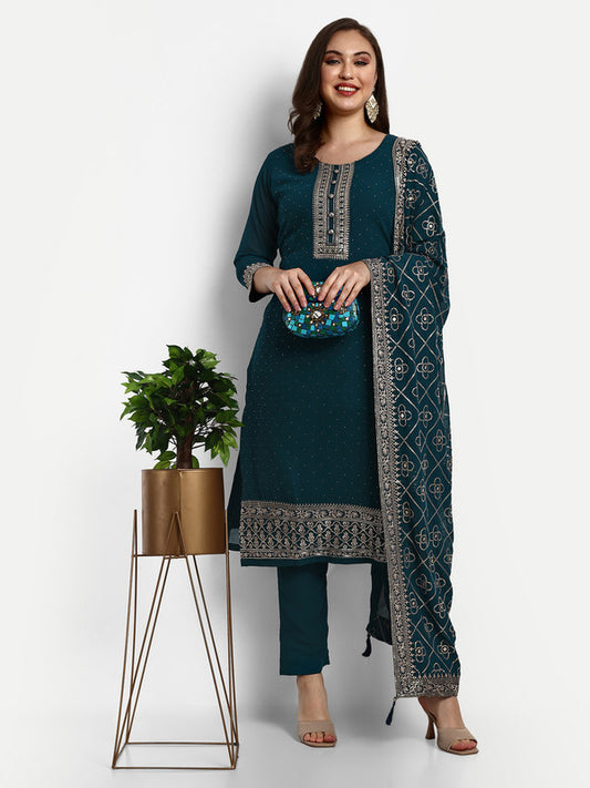 Blue Coloured Georgette with Heavy Sequence Dori Embroidered Work Women Party wear Designer Suit with Pant & Dupatta!!