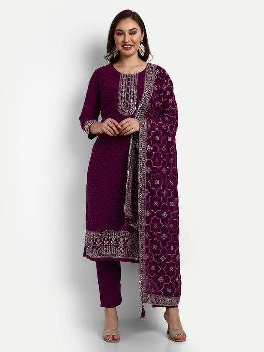 Wine Coloured Georgette with Heavy Sequence Dori Embroidered Work Women Party wear Designer Suit with Pant & Dupatta!!