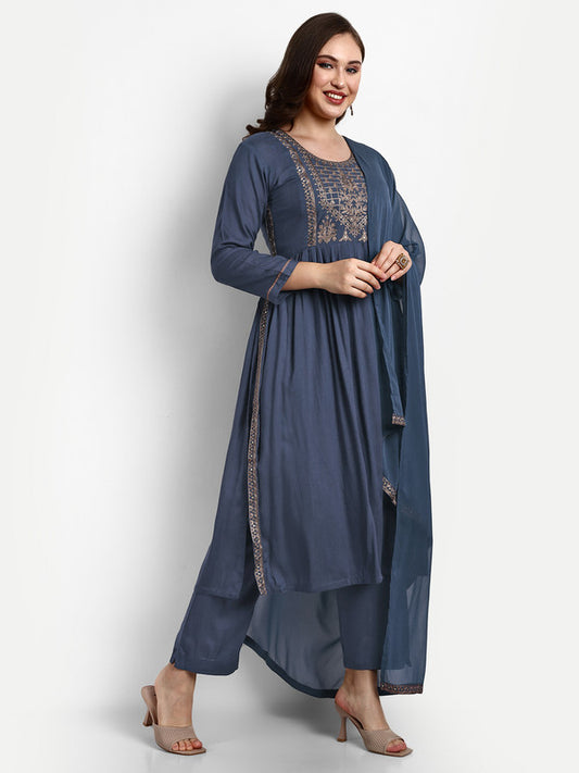 Blue Coloured Pure Rayon with Heavy Sequence  Embroidery Work Women Party wear Designer Suit with Pant & Dupatta!!