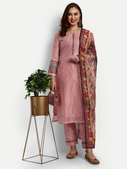 Peach Coloured Chanderi Silk with Heavy Sequence  Embroidery Work Women Party wear Designer Suit with Pant & Dupatta!!