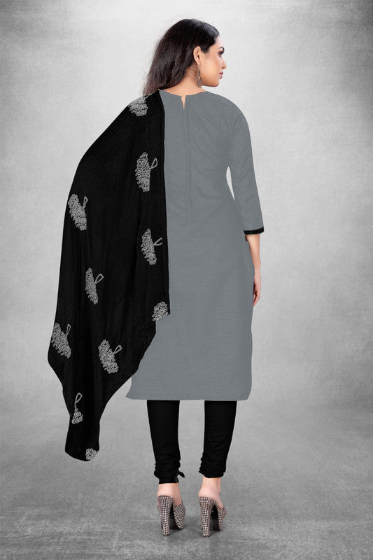 Grey Coloured Magic Slub Cotton with Print Women Party/Casual wear Dress Material Suit- Top with Bottom & Embroidery Naznin Dupatta!!