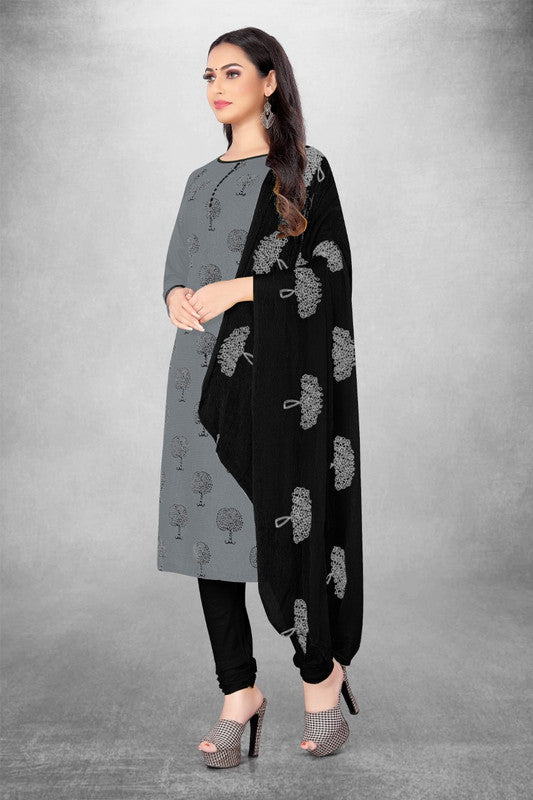 Grey Coloured Magic Slub Cotton with Print Women Party/Casual wear Dress Material Suit- Top with Bottom & Embroidery Naznin Dupatta!!