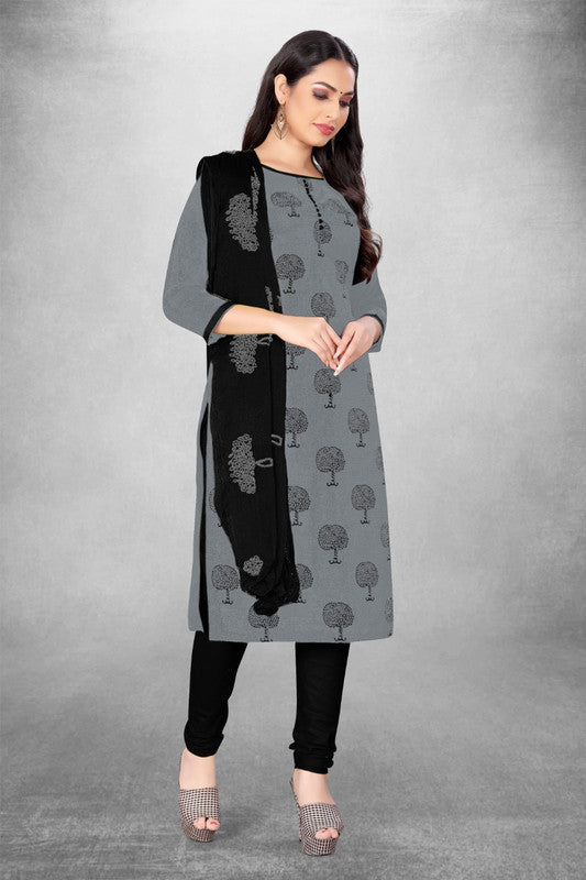 Grey Coloured Magic Slub Cotton with Print Women Party/Casual wear Dress Material Suit- Top with Bottom & Embroidery Naznin Dupatta!!