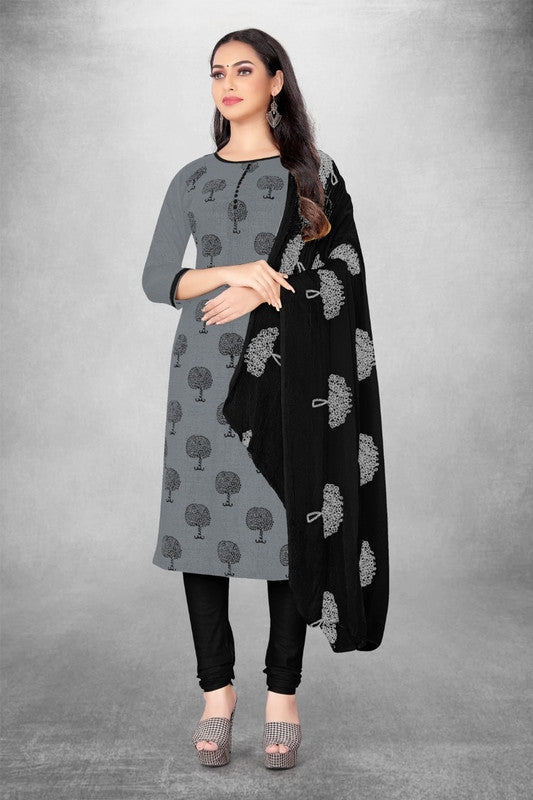 Grey Coloured Magic Slub Cotton with Print Women Party/Casual wear Dress Material Suit- Top with Bottom & Embroidery Naznin Dupatta!!