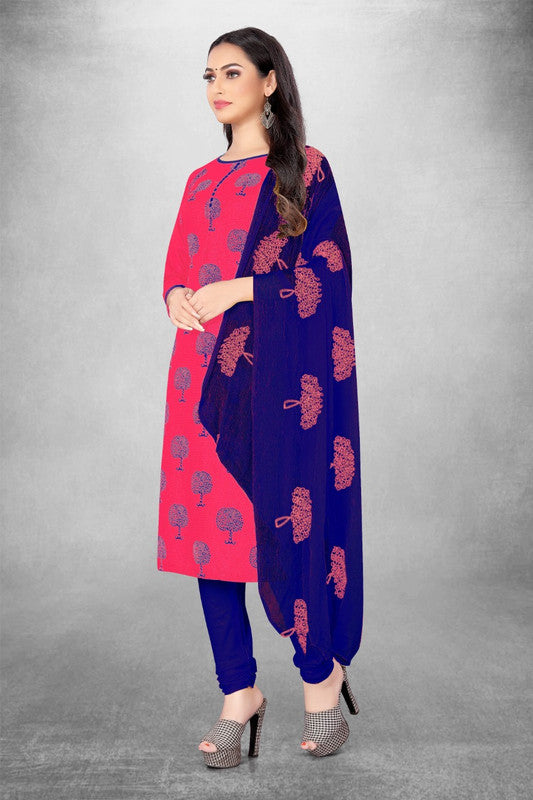 Gajri Coloured Magic Slub Cotton with Print Women Party/Casual wear Dress Material Suit- Top with Bottom & Embroidery Naznin Dupatta!!