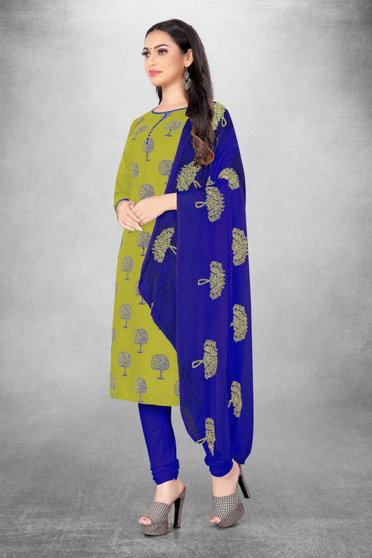 Pista Green Coloured Magic Slub Cotton with Print Women Party/Casual wear Dress Material Suit- Top with Bottom & Embroidery Naznin Dupatta!!