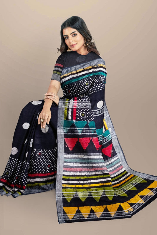 Black & Multi Coloured Linen Cotton Beautiful Hand Block printed Women Daily/Party wear Saree with Blouse!!